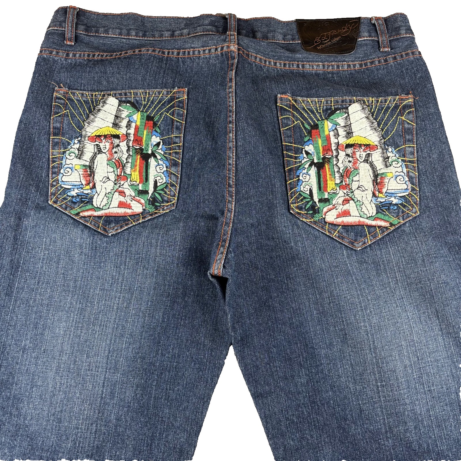 Vtg Ed Hardy Christian Audigier Jeans 40 X 34 Whisker Fade Embroidered Pockets